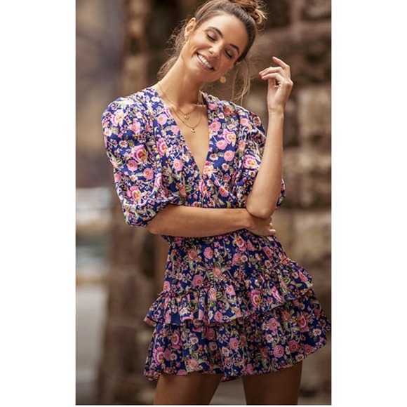 MISA Los Angeles Floral Mini‎ Dress Smocked Ruffle V Neck Short Sleeve XL - Picture 3 of 16